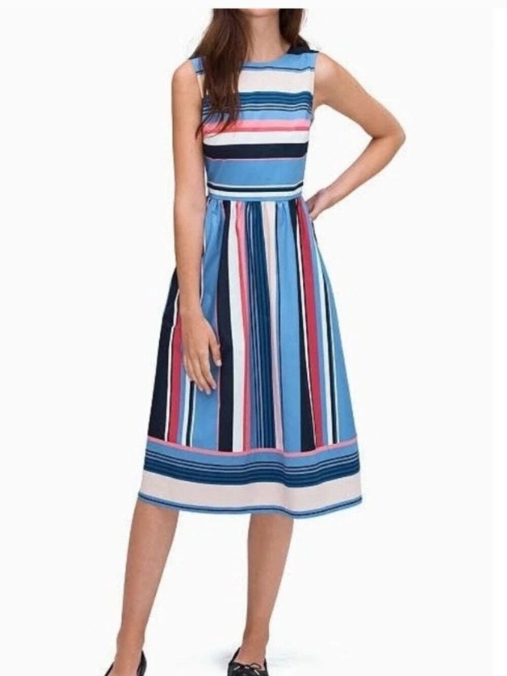 Kate Spade New York Multi Stripe Sleeveless Fit and Flare Midi Dress Blue Pink